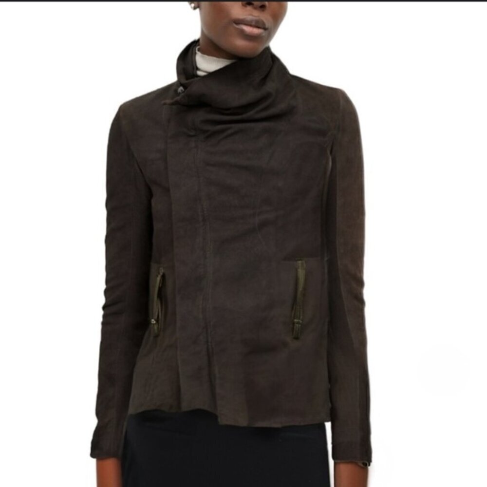 VEDA Black/Green Suede Leather Jacket Wool Knit Panels Underarms Women’s Medium